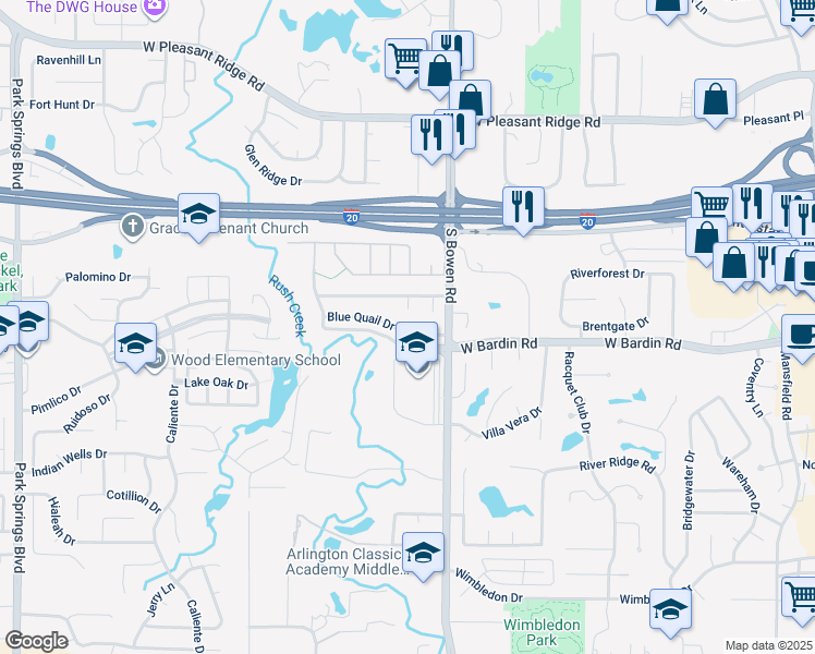 map of restaurants, bars, coffee shops, grocery stores, and more near 2515 Blue Quail Drive in Arlington