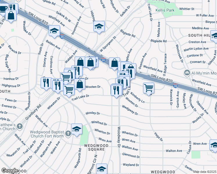 map of restaurants, bars, coffee shops, grocery stores, and more near 5358 Wonder Drive in Fort Worth