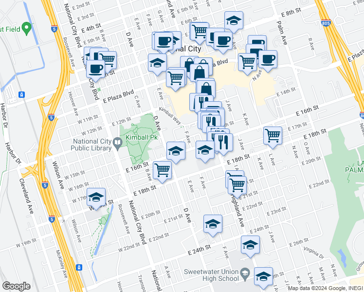 map of restaurants, bars, coffee shops, grocery stores, and more near 1523 E Avenue in National City