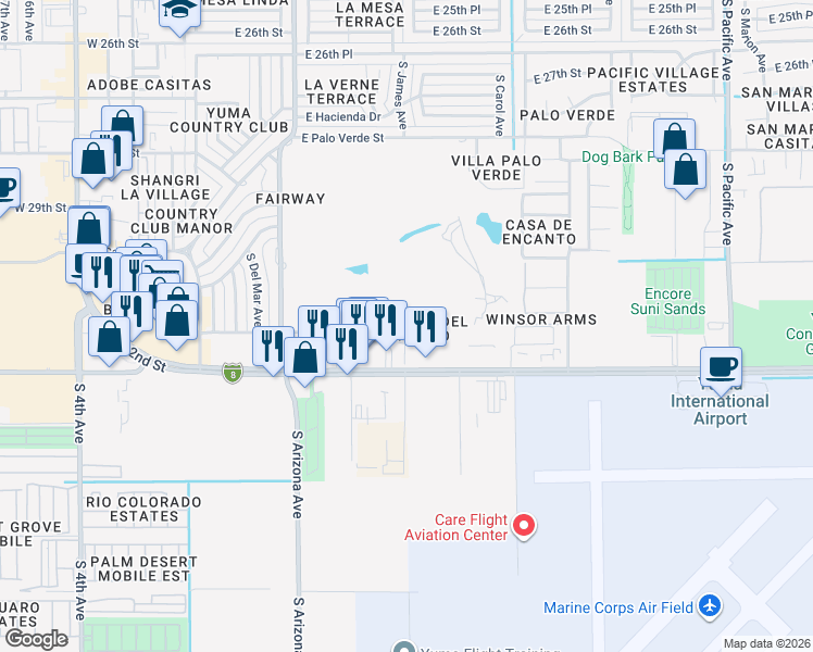 map of restaurants, bars, coffee shops, grocery stores, and more near 800 East 32nd Street in Yuma