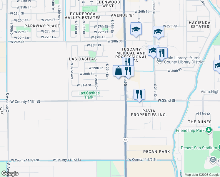 map of restaurants, bars, coffee shops, grocery stores, and more near 2716 West 31st Street in Yuma