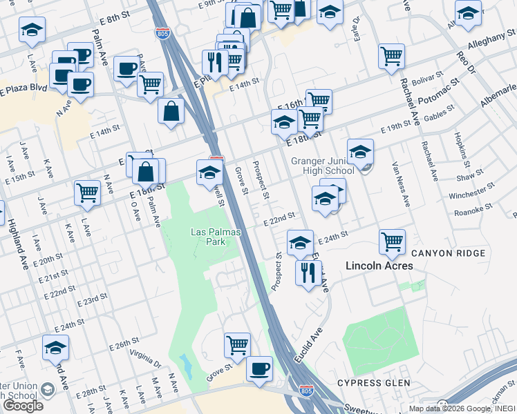 map of restaurants, bars, coffee shops, grocery stores, and more near 2005 Grove Street in National City