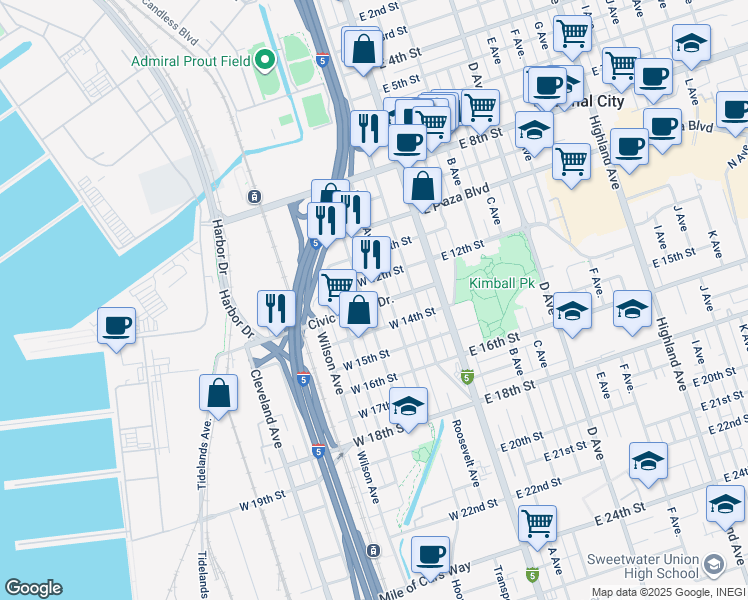 map of restaurants, bars, coffee shops, grocery stores, and more near 224 West 12th Street in National City
