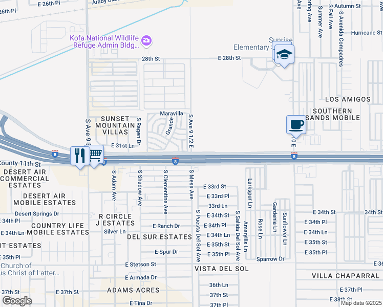 map of restaurants, bars, coffee shops, grocery stores, and more near Interstate 8 Frontage Road in Yuma