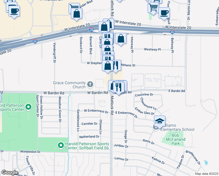 map of restaurants, bars, coffee shops, grocery stores, and more near 4650 Matlock Road in Arlington