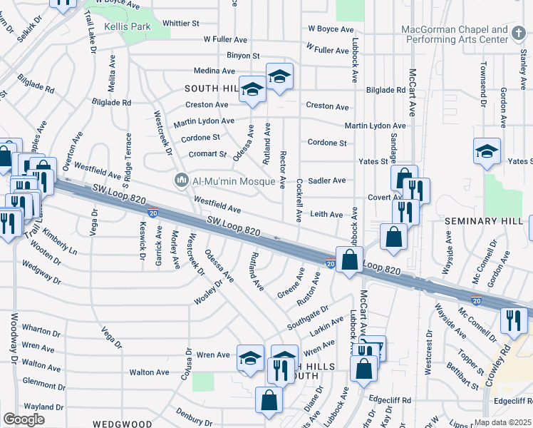 map of restaurants, bars, coffee shops, grocery stores, and more near 3116 Westfield Avenue in Fort Worth