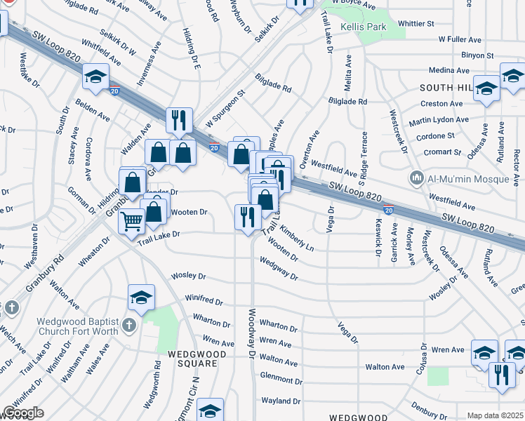 map of restaurants, bars, coffee shops, grocery stores, and more near 5308 Woodway Drive in Fort Worth