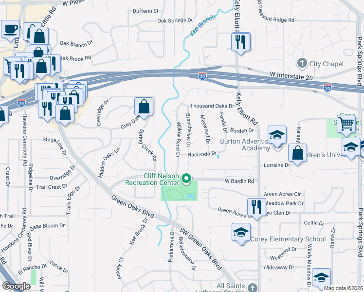 map of restaurants, bars, coffee shops, grocery stores, and more near 4609 Willow Bend Drive in Arlington