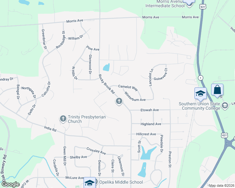 map of restaurants, bars, coffee shops, grocery stores, and more near 500-598 Camelot Way in Opelika