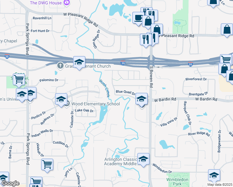 map of restaurants, bars, coffee shops, grocery stores, and more near 4502 Quail Creek Drive in Arlington