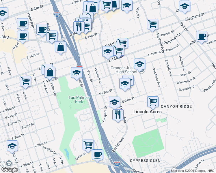 map of restaurants, bars, coffee shops, grocery stores, and more near 2125 Prospect Street in National City