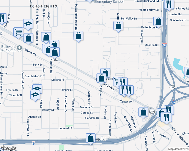 map of restaurants, bars, coffee shops, grocery stores, and more near 6051 High Creek Drive in Fort Worth