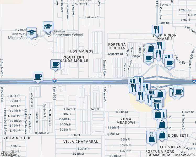 map of restaurants, bars, coffee shops, grocery stores, and more near 10442 North Frontage Road in Yuma