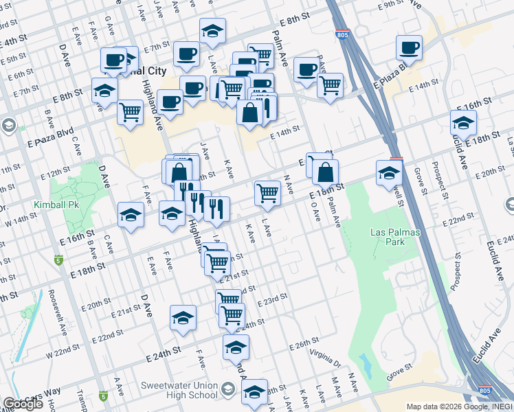 map of restaurants, bars, coffee shops, grocery stores, and more near 1643 L Avenue in National City