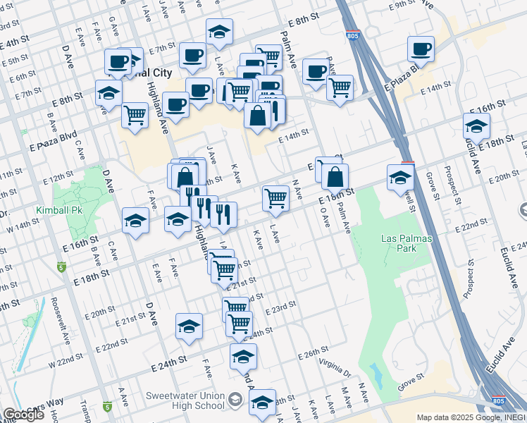 map of restaurants, bars, coffee shops, grocery stores, and more near 2 East 3rd Street in National City