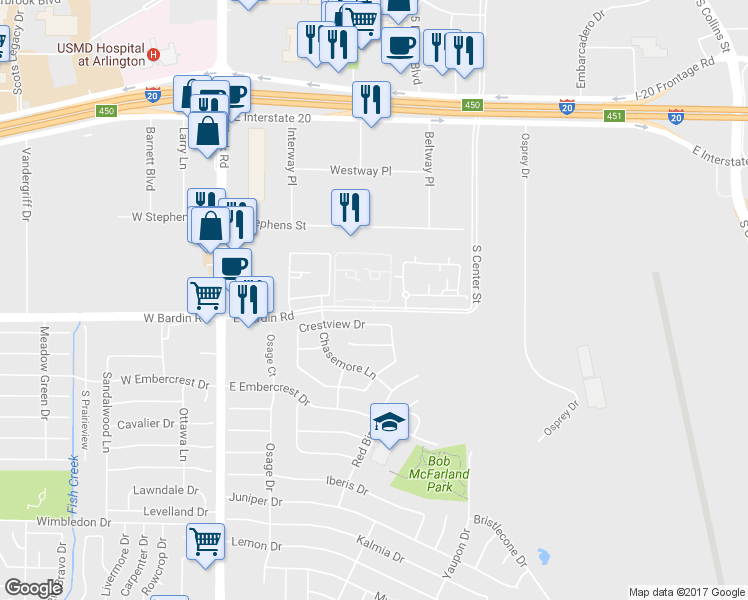 map of restaurants, bars, coffee shops, grocery stores, and more near 251 East Bardin Road in Arlington