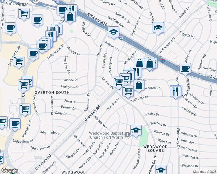 map of restaurants, bars, coffee shops, grocery stores, and more near 4327 Gorman Drive in Fort Worth
