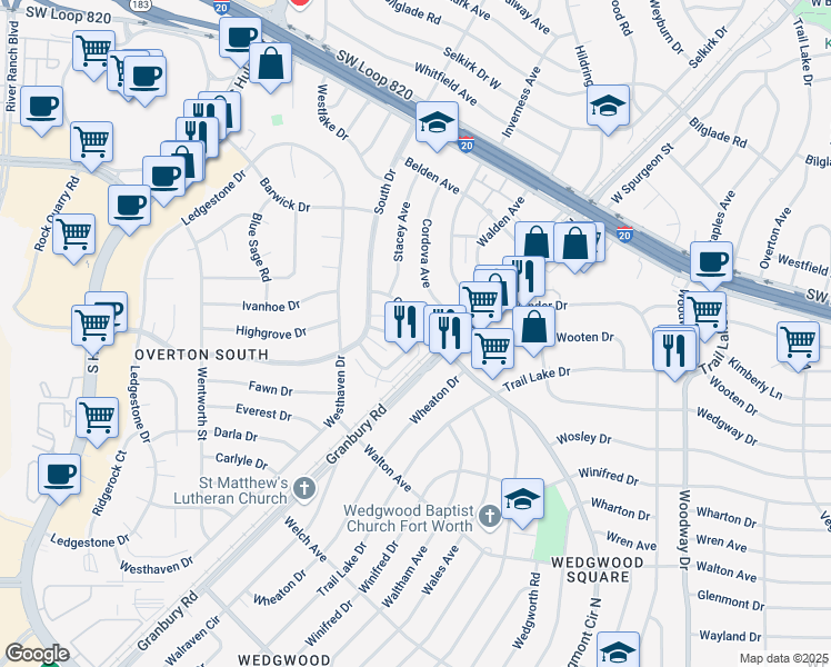 map of restaurants, bars, coffee shops, grocery stores, and more near 4327 Gorman Drive in Fort Worth
