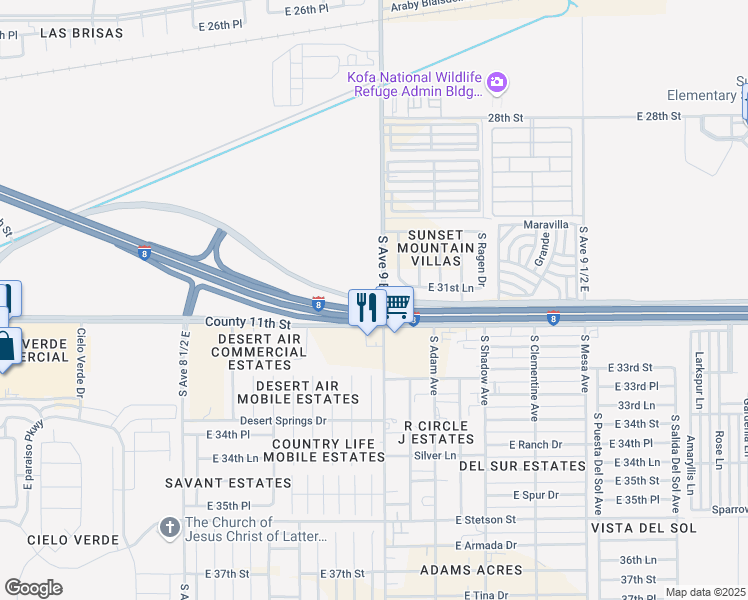 map of restaurants, bars, coffee shops, grocery stores, and more near 11235 South Avenue 9 East in Yuma
