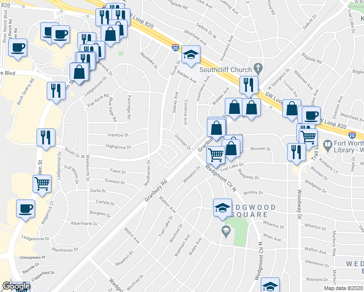 map of restaurants, bars, coffee shops, grocery stores, and more near 4309 Gorman Drive in Fort Worth