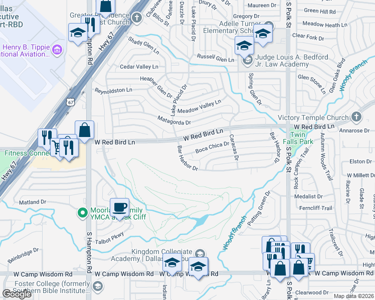 map of restaurants, bars, coffee shops, grocery stores, and more near 1748 West Red Bird Lane in Dallas