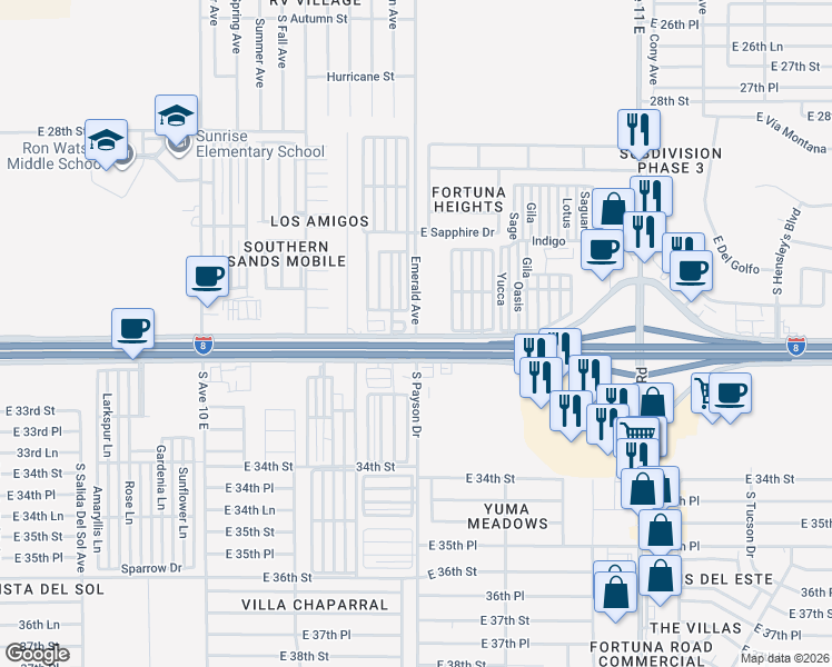map of restaurants, bars, coffee shops, grocery stores, and more near 10666 S Emerald Ave in Yuma
