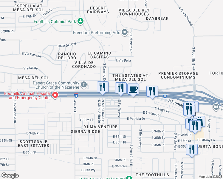 map of restaurants, bars, coffee shops, grocery stores, and more near 12301-12399 East Calle Maria in Yuma