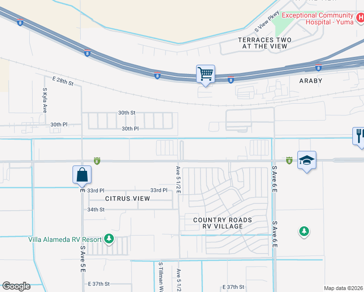 map of restaurants, bars, coffee shops, grocery stores, and more near Pear Blossom Way in Yuma