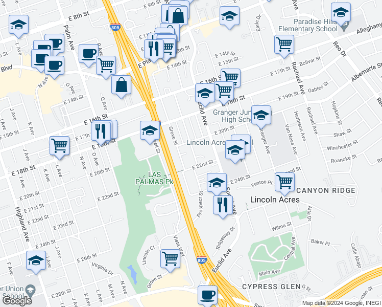 map of restaurants, bars, coffee shops, grocery stores, and more near 2033 Prospect Street in National City