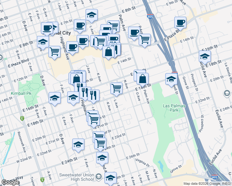 map of restaurants, bars, coffee shops, grocery stores, and more near 1643 L Avenue in National City