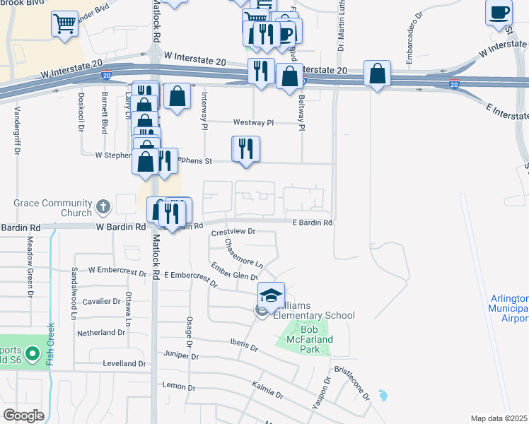 map of restaurants, bars, coffee shops, grocery stores, and more near 251 East Bardin Road in Arlington