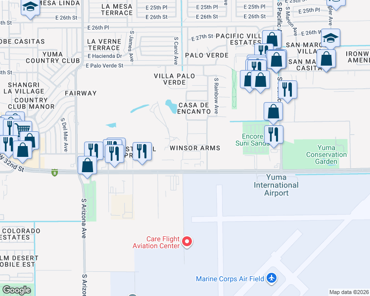 map of restaurants, bars, coffee shops, grocery stores, and more near 1440 East Laguna Place in Yuma