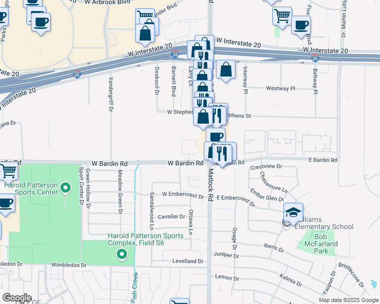 map of restaurants, bars, coffee shops, grocery stores, and more near 751 West Bardin Road in Arlington