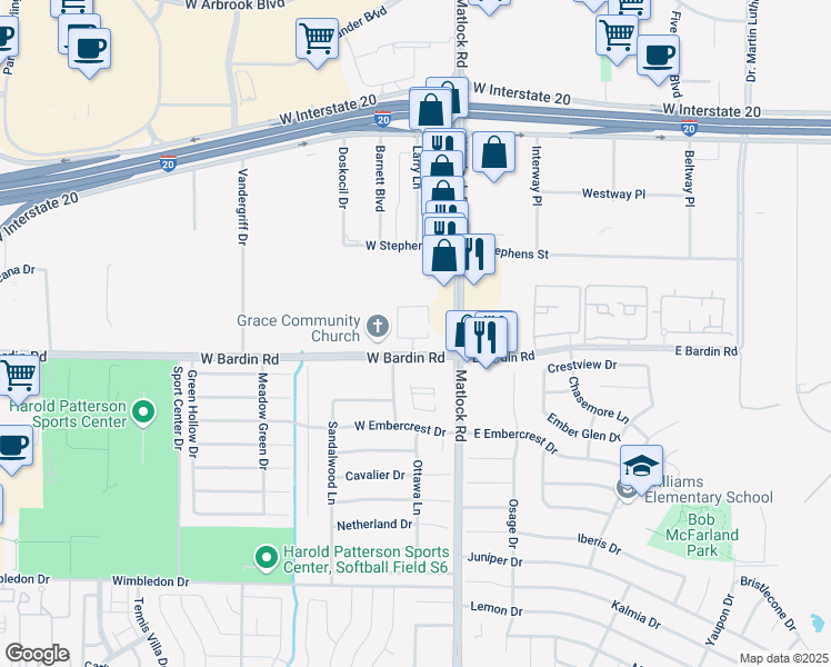 map of restaurants, bars, coffee shops, grocery stores, and more near 751 West Bardin Road in Arlington