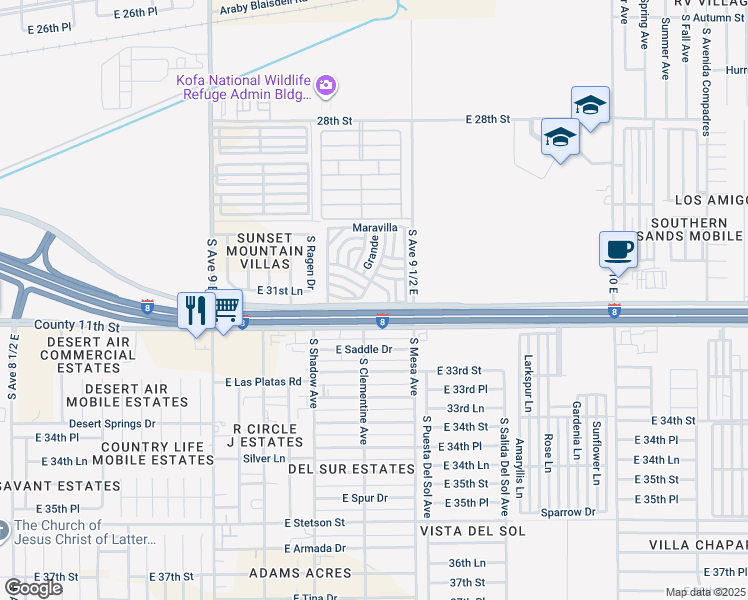 map of restaurants, bars, coffee shops, grocery stores, and more near 9400 Interstate 8 Frontage Road in Yuma