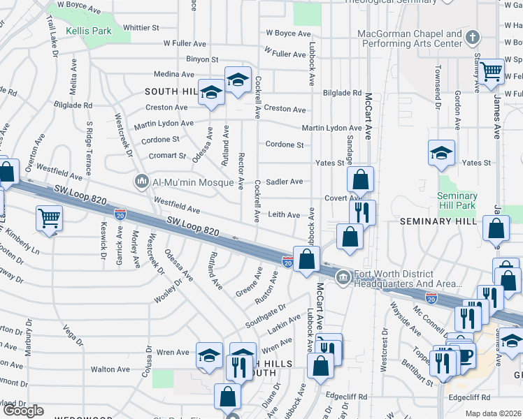 map of restaurants, bars, coffee shops, grocery stores, and more near 2905 Covert Avenue in Fort Worth