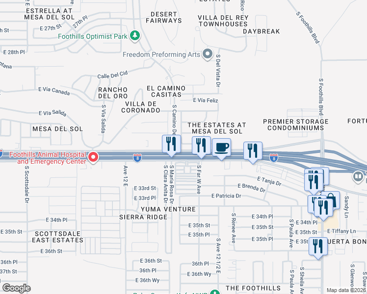 map of restaurants, bars, coffee shops, grocery stores, and more near 12301-12399 East Calle Maria in Yuma
