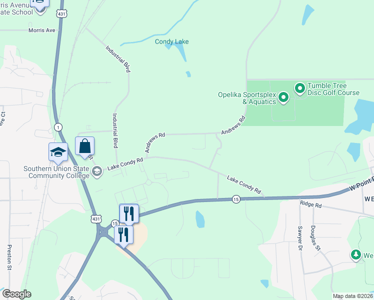 map of restaurants, bars, coffee shops, grocery stores, and more near 701 Norman Circle in Opelika