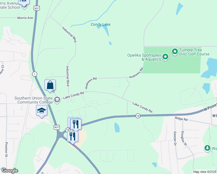 map of restaurants, bars, coffee shops, grocery stores, and more near 701 Norman Circle in Opelika