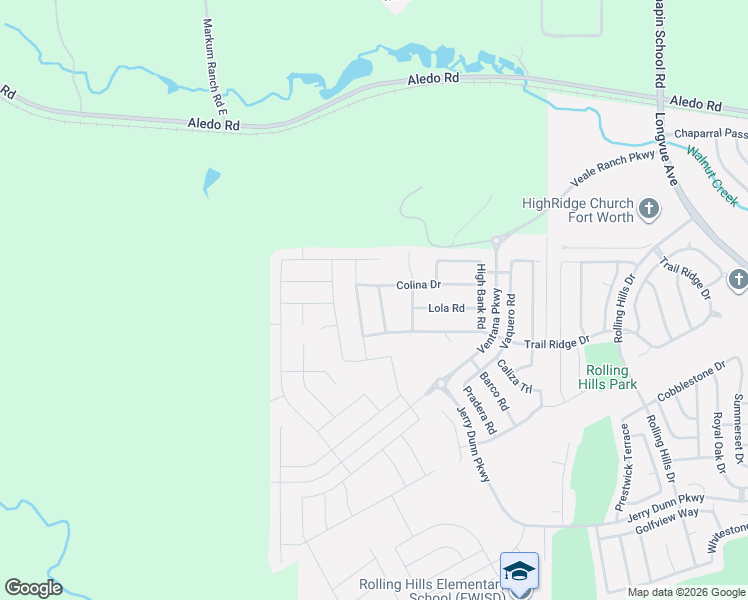 map of restaurants, bars, coffee shops, grocery stores, and more near 5500 Baker Creek Road in Fort Worth