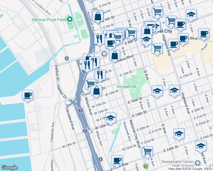 map of restaurants, bars, coffee shops, grocery stores, and more near 1238 Roosevelt Avenue in National City