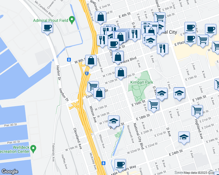map of restaurants, bars, coffee shops, grocery stores, and more near 135 Civic Center Drive in National City