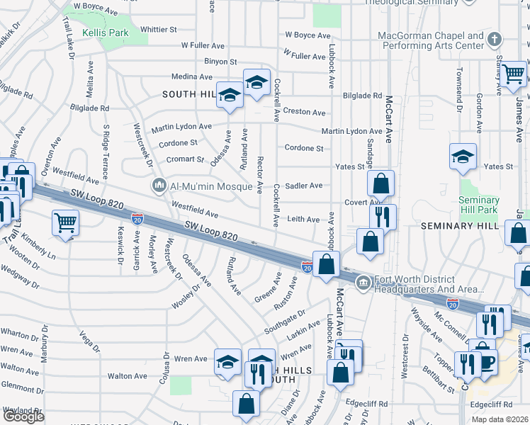map of restaurants, bars, coffee shops, grocery stores, and more near 5067 Rector Avenue in Fort Worth