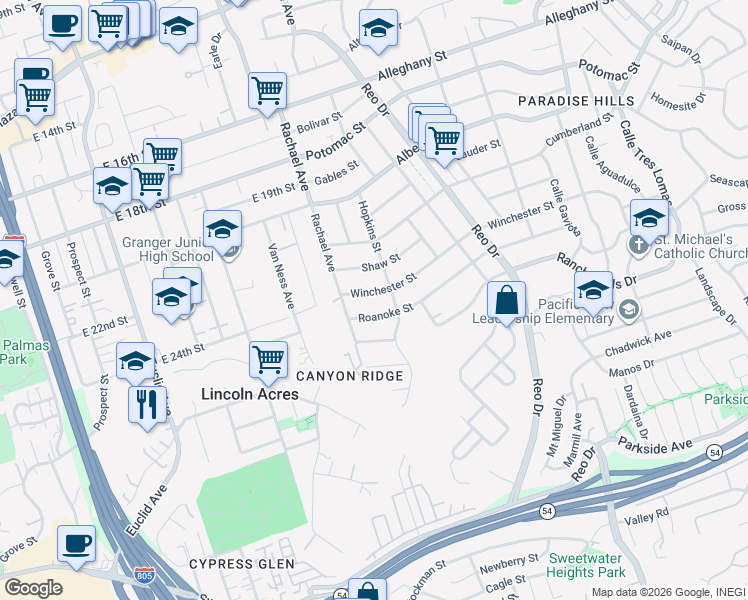map of restaurants, bars, coffee shops, grocery stores, and more near 5609 Winchester St in San Diego