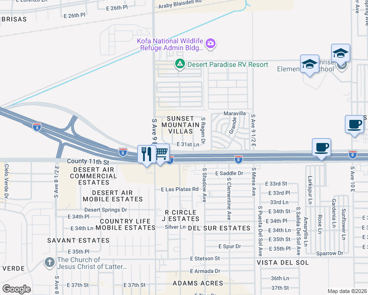 map of restaurants, bars, coffee shops, grocery stores, and more near 9151 East 31st Lane in Yuma