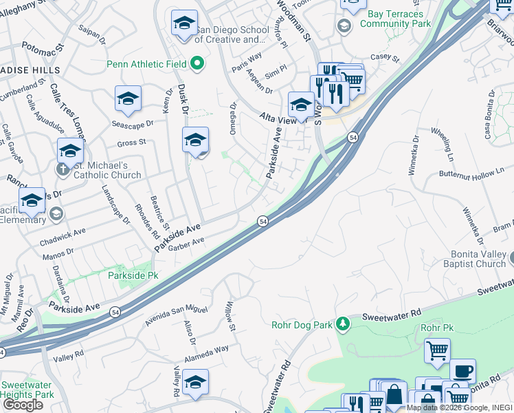 map of restaurants, bars, coffee shops, grocery stores, and more near 2915 Morton Way in San Diego