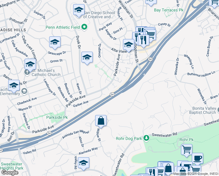 map of restaurants, bars, coffee shops, grocery stores, and more near 2915 Morton Way in San Diego