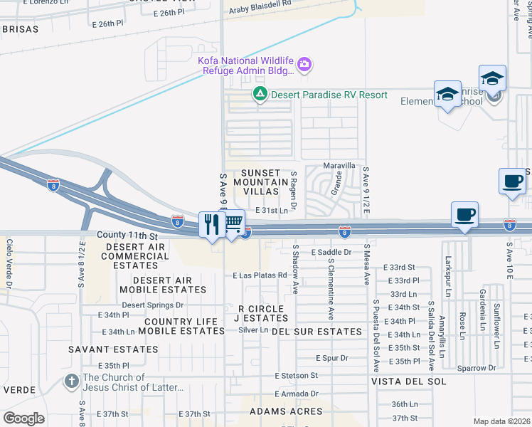 map of restaurants, bars, coffee shops, grocery stores, and more near 9151 East 31st Lane in Yuma