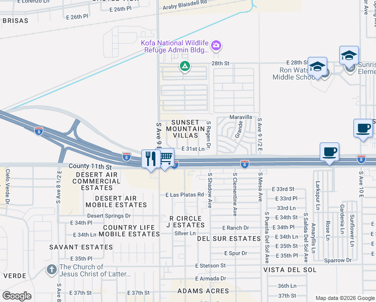 map of restaurants, bars, coffee shops, grocery stores, and more near 9151 East 31st Lane in Yuma