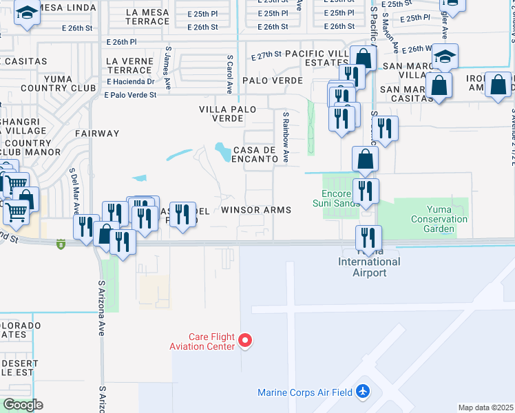 map of restaurants, bars, coffee shops, grocery stores, and more near 1465 East Laguna Place in Yuma